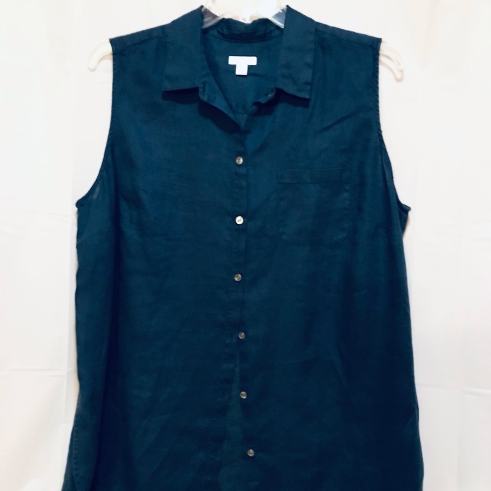 J Jill Love Linen Navy Blue Sleeveless Tunic Top Blouse